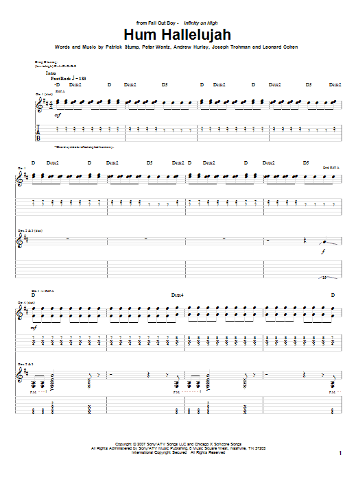 Fall Out Boy Hum Hallelujah Sheet Music Notes & Chords for Guitar Tab - Download or Print PDF