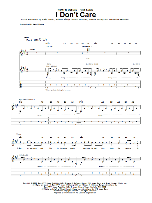 Fall Out Boy I Don't Care Sheet Music Notes & Chords for Guitar Tab - Download or Print PDF