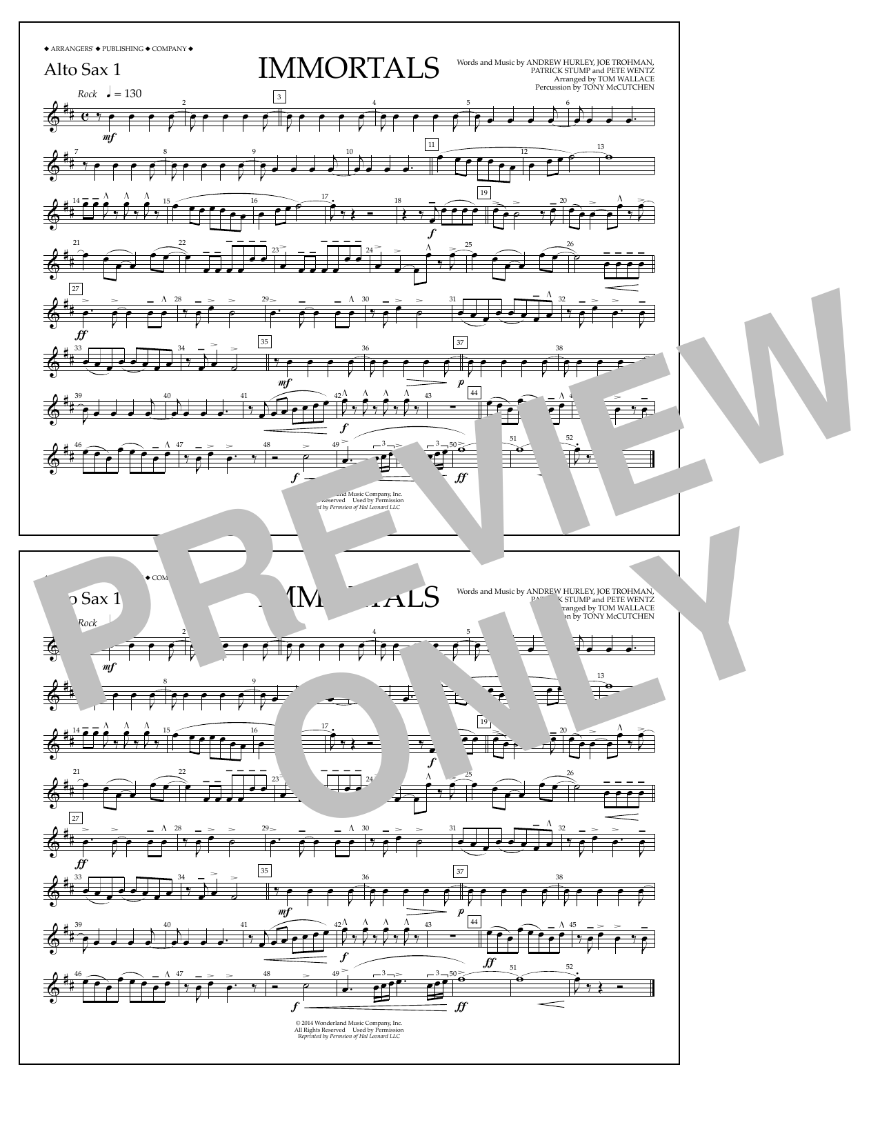 Fall Out Boy Immortals (from Big Hero 6) (arr. Tom Wallace) - Alto Sax 1 Sheet Music Notes & Chords for Marching Band - Download or Print PDF