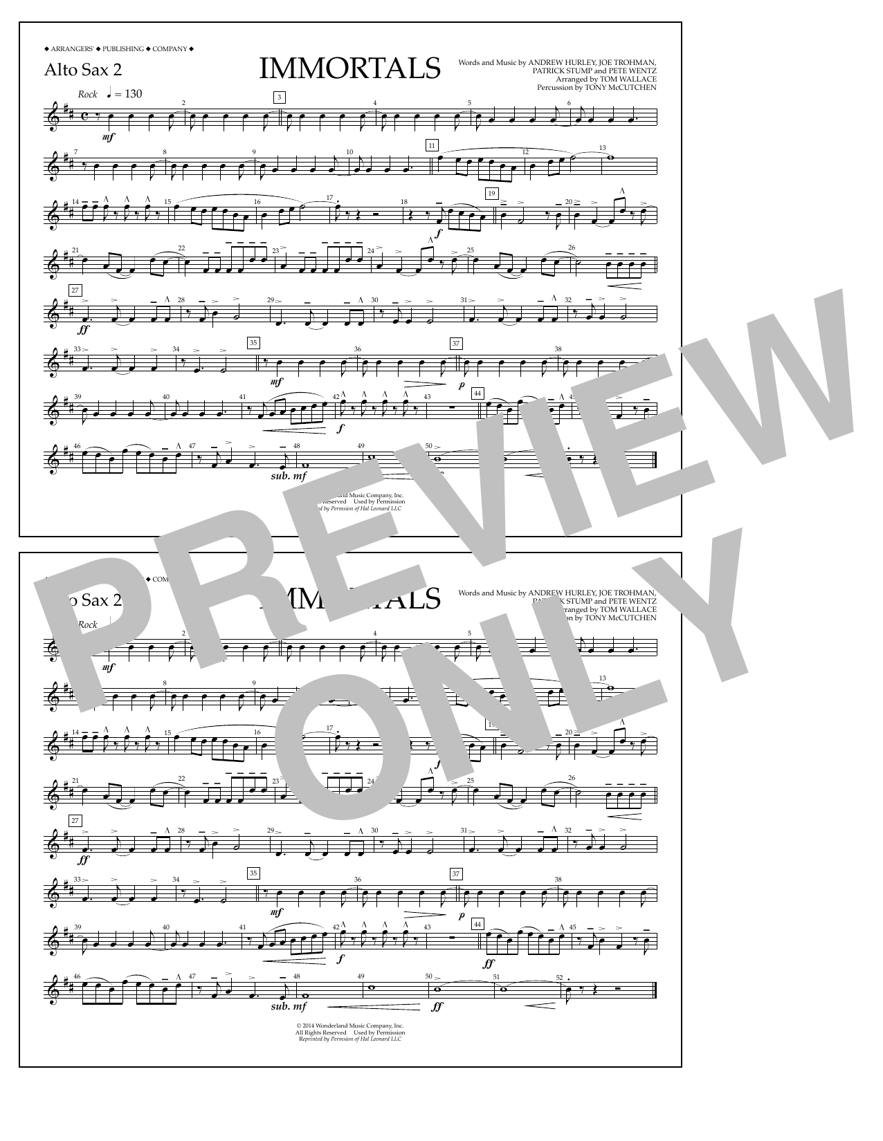 Fall Out Boy Immortals (from Big Hero 6) (arr. Tom Wallace) - Alto Sax 2 Sheet Music Notes & Chords for Marching Band - Download or Print PDF