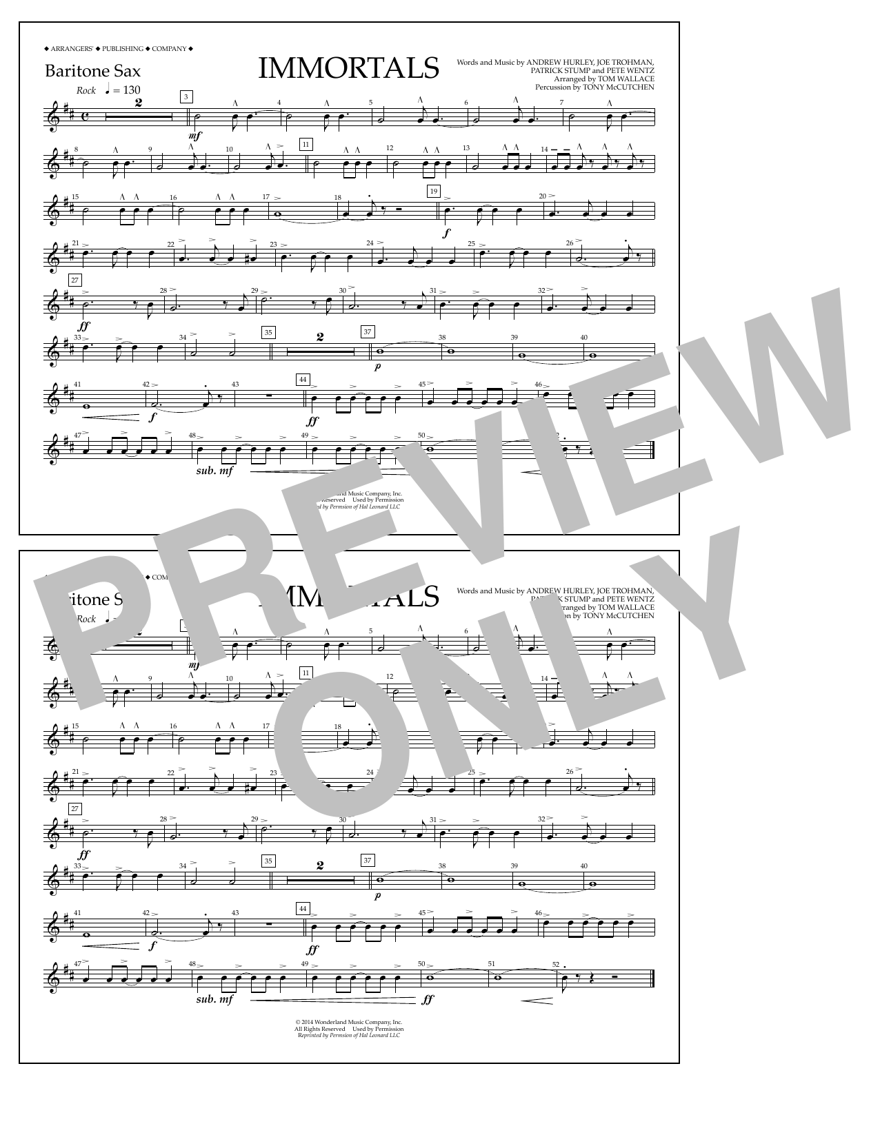 Fall Out Boy Immortals (from Big Hero 6) (arr. Tom Wallace) - Baritone Sax Sheet Music Notes & Chords for Marching Band - Download or Print PDF