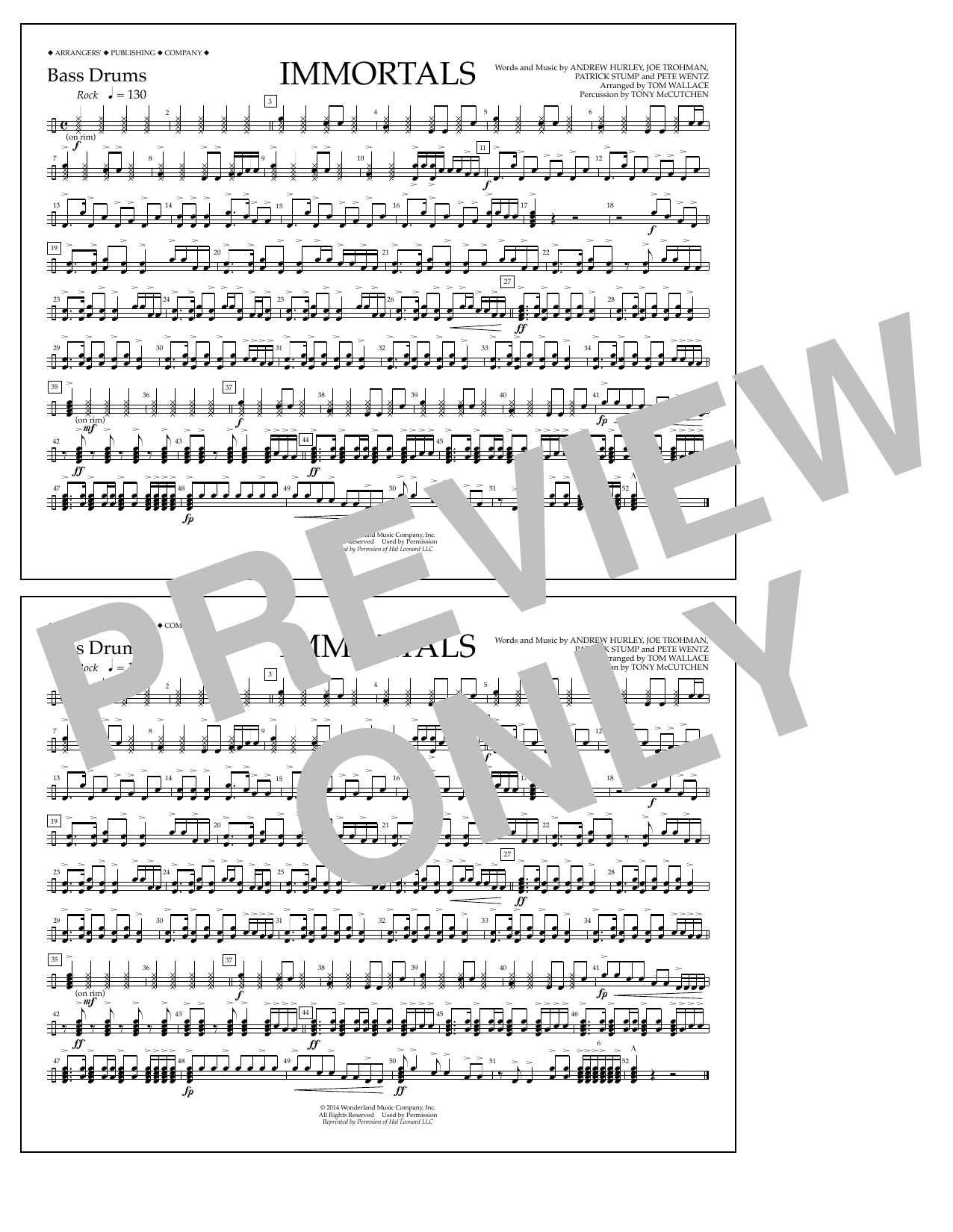 Fall Out Boy Immortals (from Big Hero 6) (arr. Tom Wallace) - Bass Drums Sheet Music Notes & Chords for Marching Band - Download or Print PDF