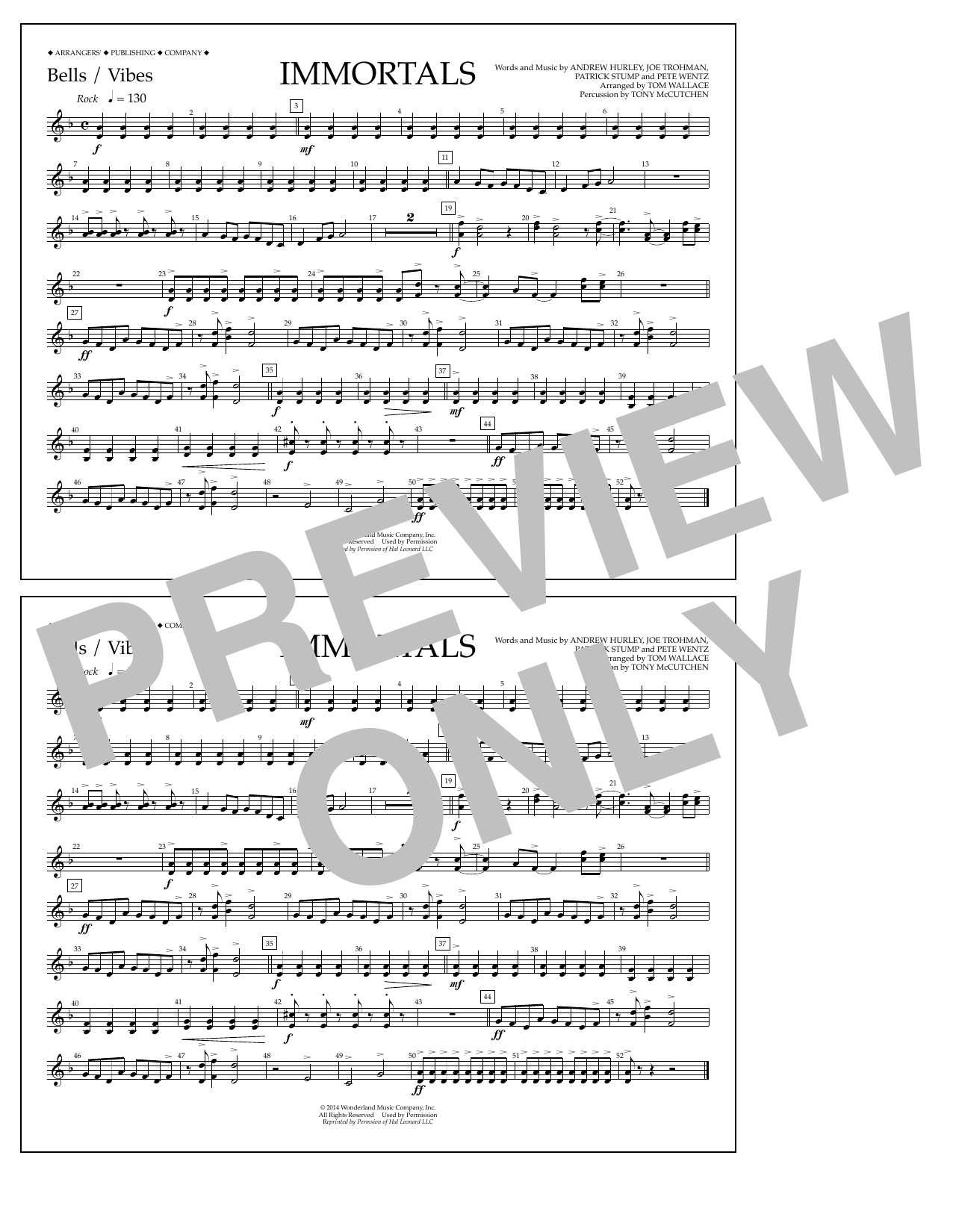 Fall Out Boy Immortals (from Big Hero 6) (arr. Tom Wallace) - Bells/Vibes Sheet Music Notes & Chords for Marching Band - Download or Print PDF