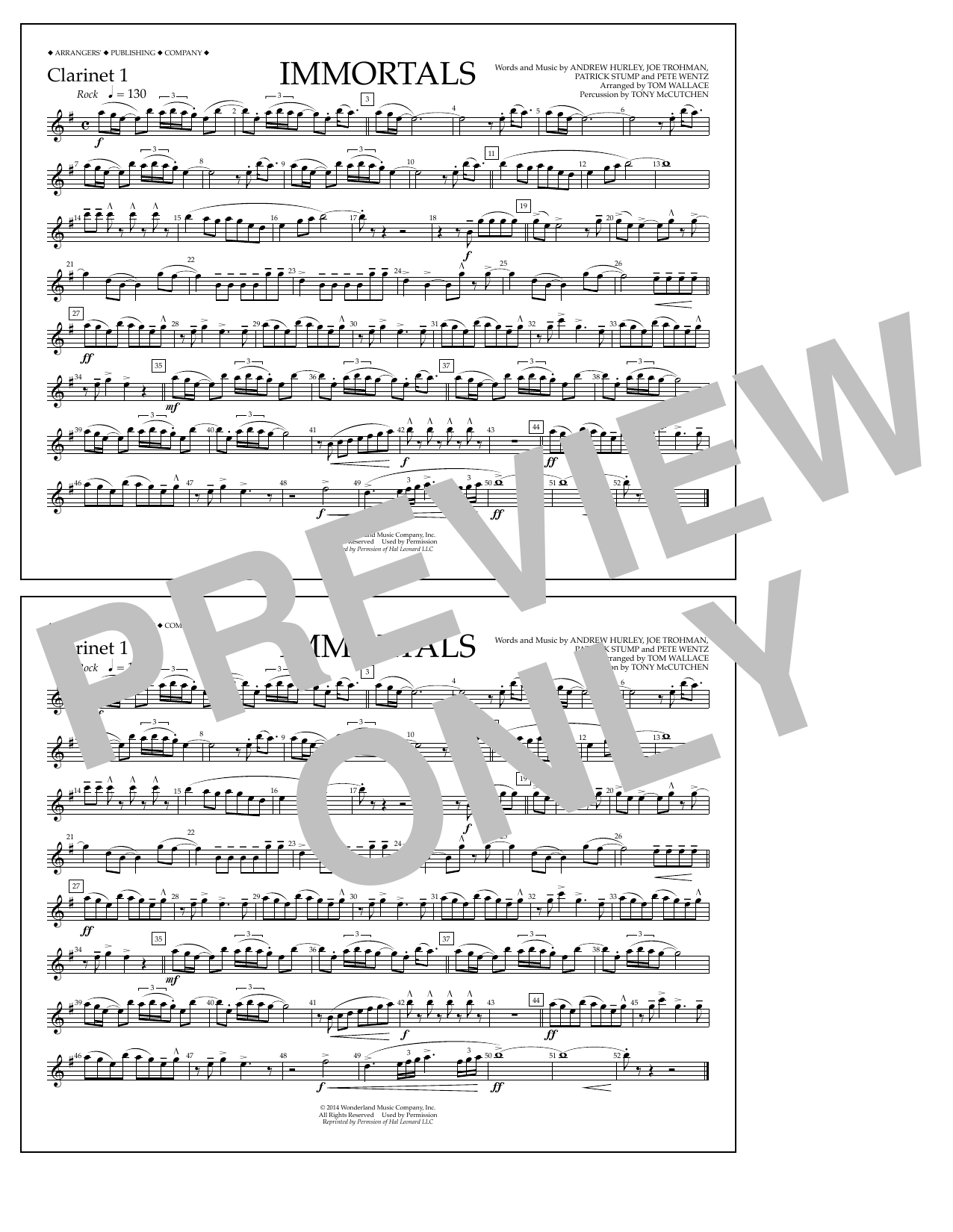 Fall Out Boy Immortals (from Big Hero 6) (arr. Tom Wallace) - Clarinet 1 Sheet Music Notes & Chords for Marching Band - Download or Print PDF