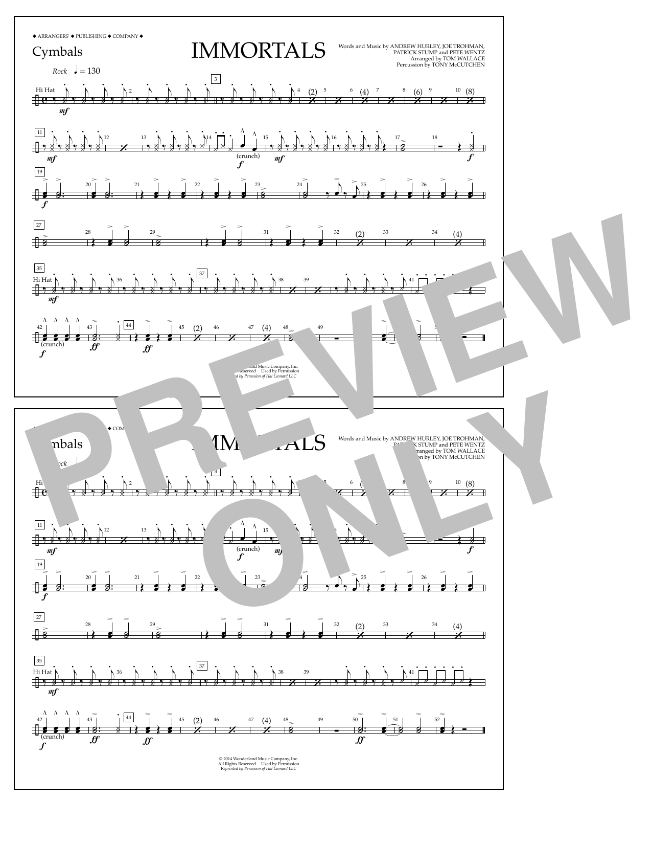 Fall Out Boy Immortals (from Big Hero 6) (arr. Tom Wallace) - Cymbals Sheet Music Notes & Chords for Marching Band - Download or Print PDF