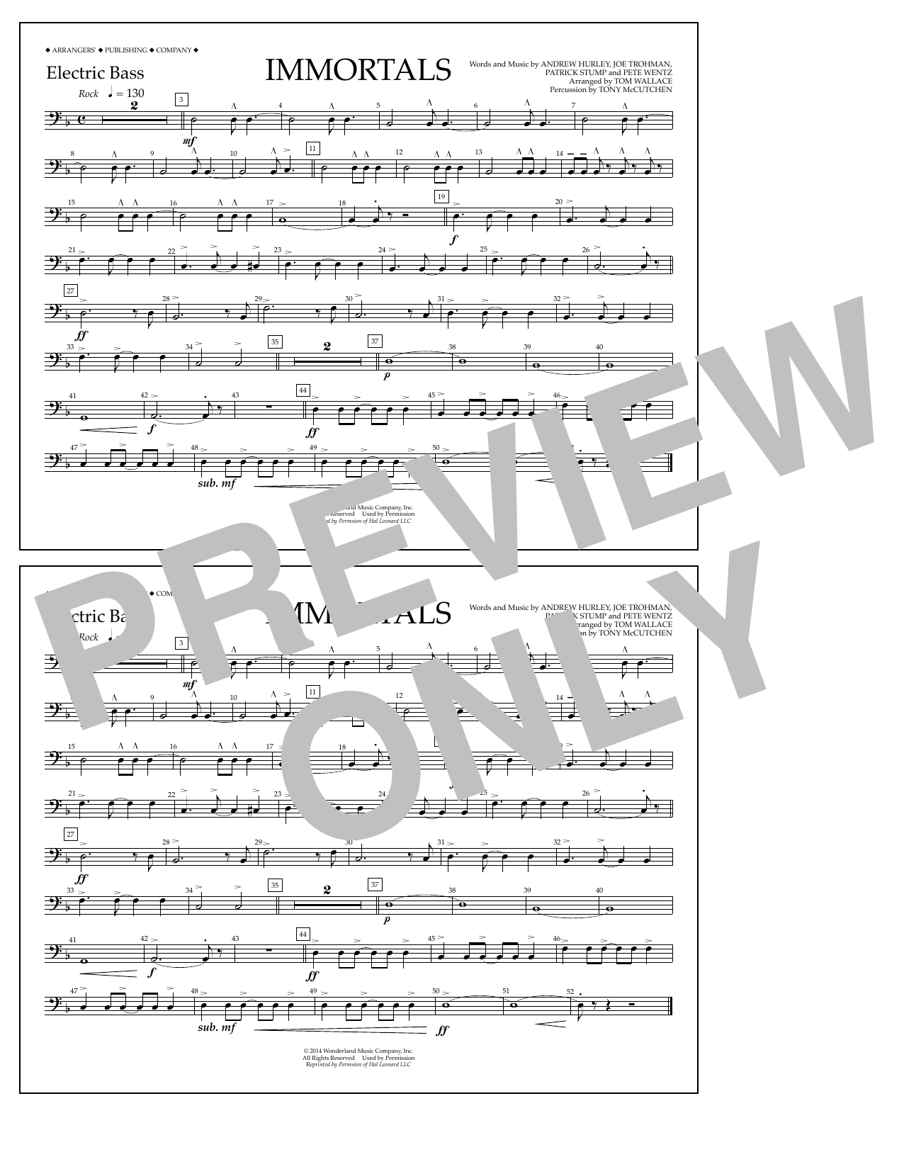 Fall Out Boy Immortals (from Big Hero 6) (arr. Tom Wallace) - Electric Bass Sheet Music Notes & Chords for Marching Band - Download or Print PDF