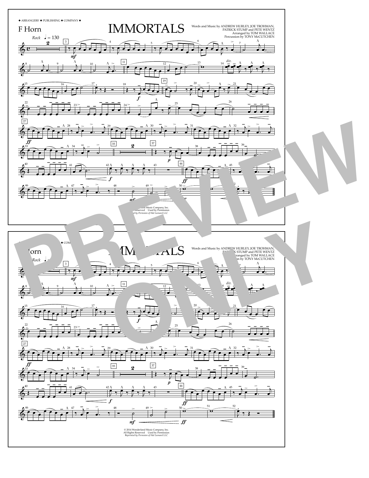Fall Out Boy Immortals (from Big Hero 6) (arr. Tom Wallace) - F Horn Sheet Music Notes & Chords for Marching Band - Download or Print PDF
