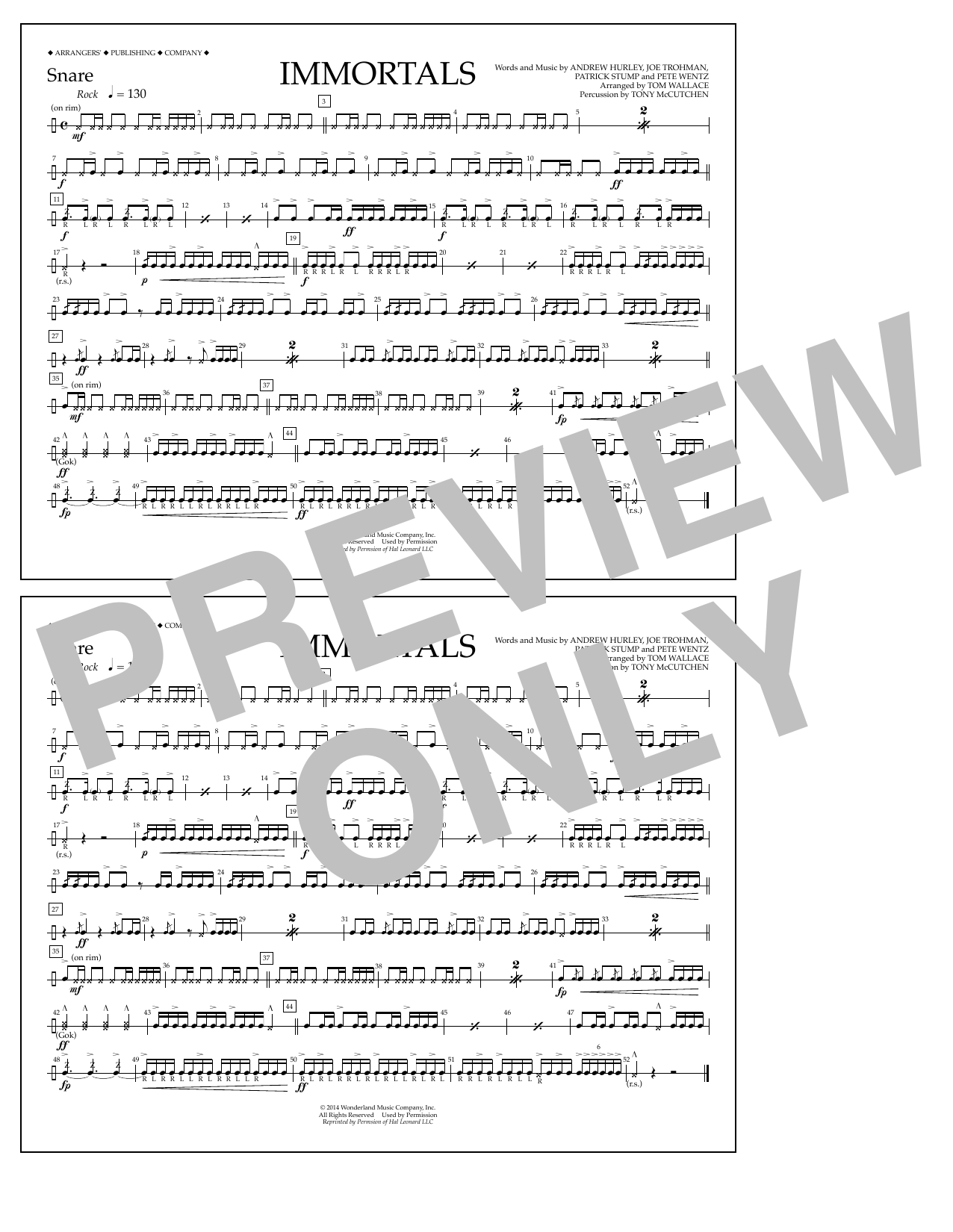 Fall Out Boy Immortals (from Big Hero 6) (arr. Tom Wallace) - Snare Sheet Music Notes & Chords for Marching Band - Download or Print PDF