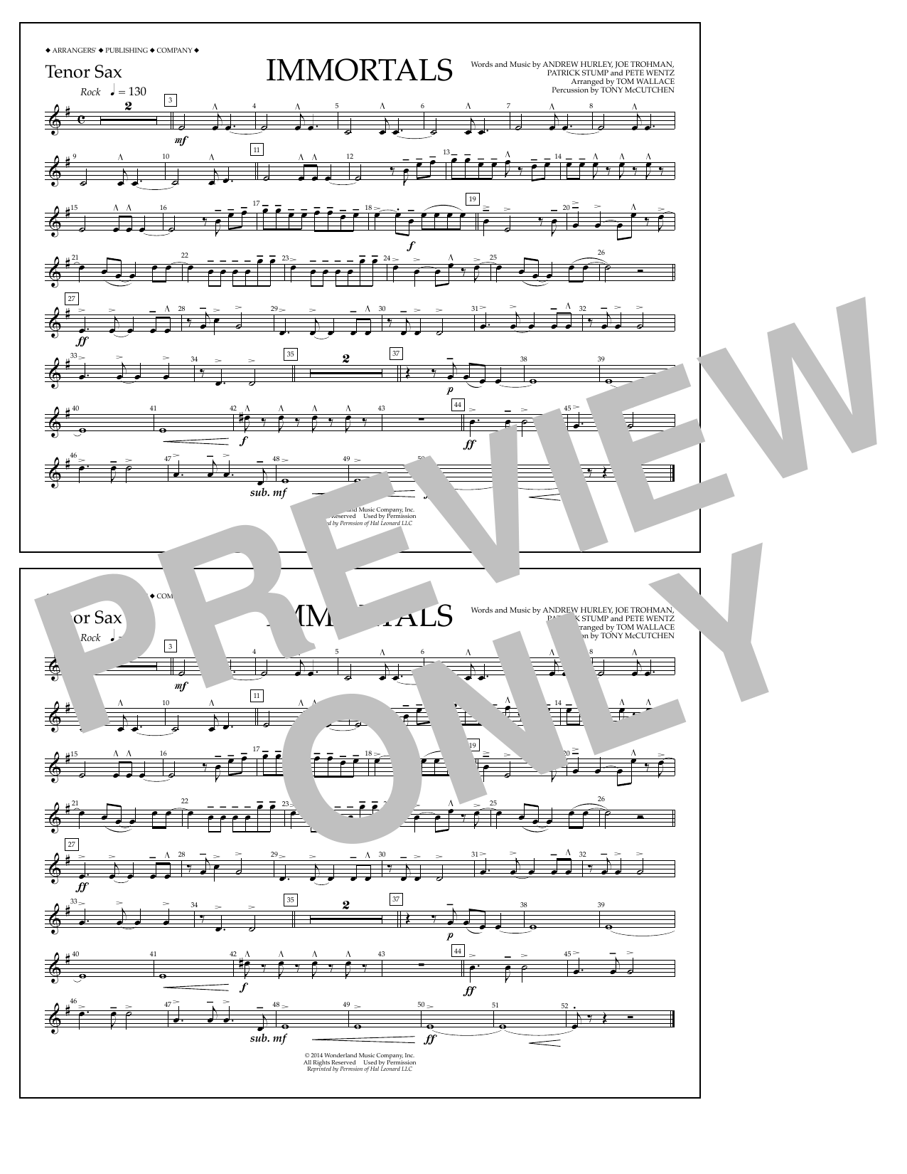 Fall Out Boy Immortals (from Big Hero 6) (arr. Tom Wallace) - Tenor Sax Sheet Music Notes & Chords for Marching Band - Download or Print PDF