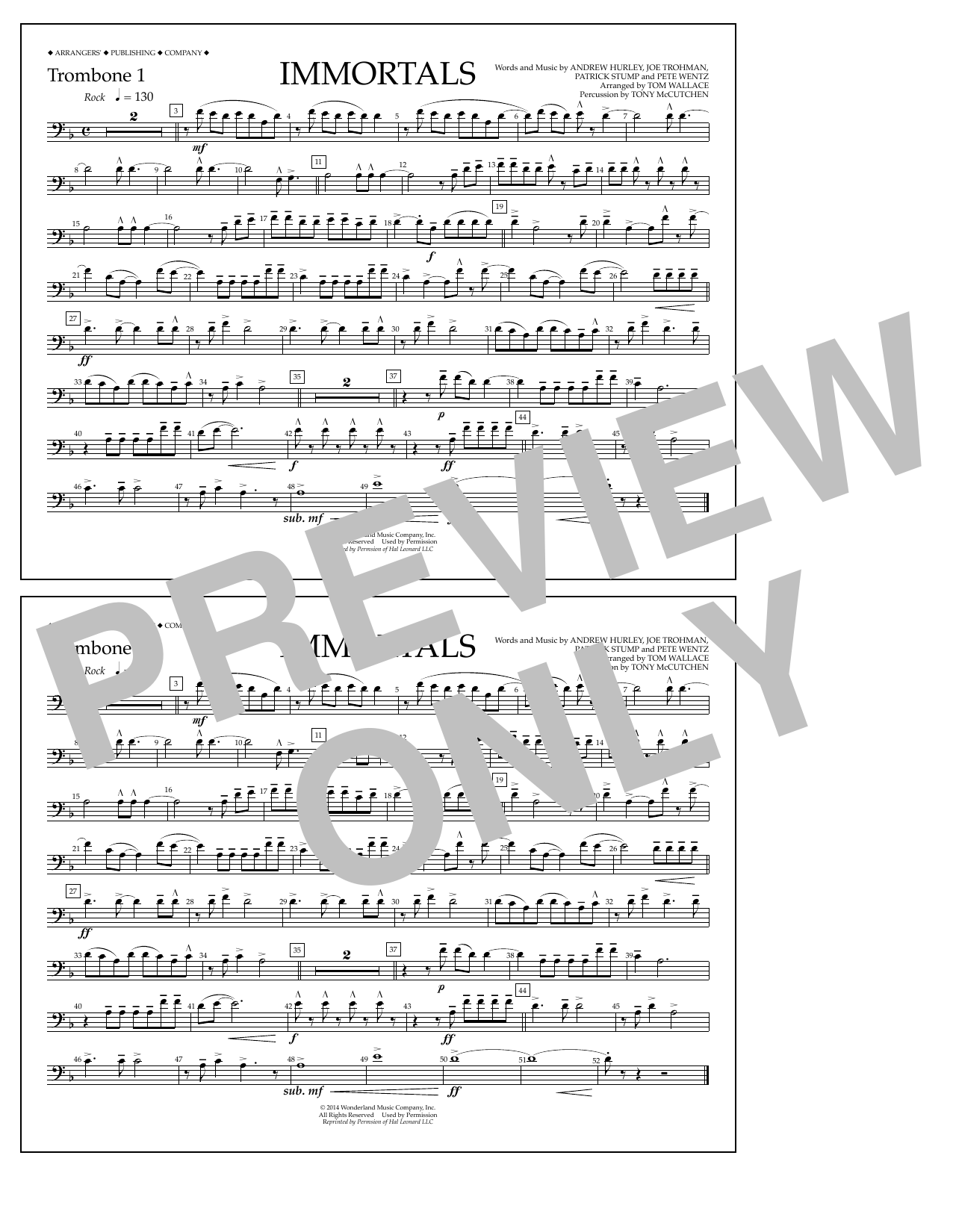 Fall Out Boy Immortals (from Big Hero 6) (arr. Tom Wallace) - Trombone 1 Sheet Music Notes & Chords for Marching Band - Download or Print PDF