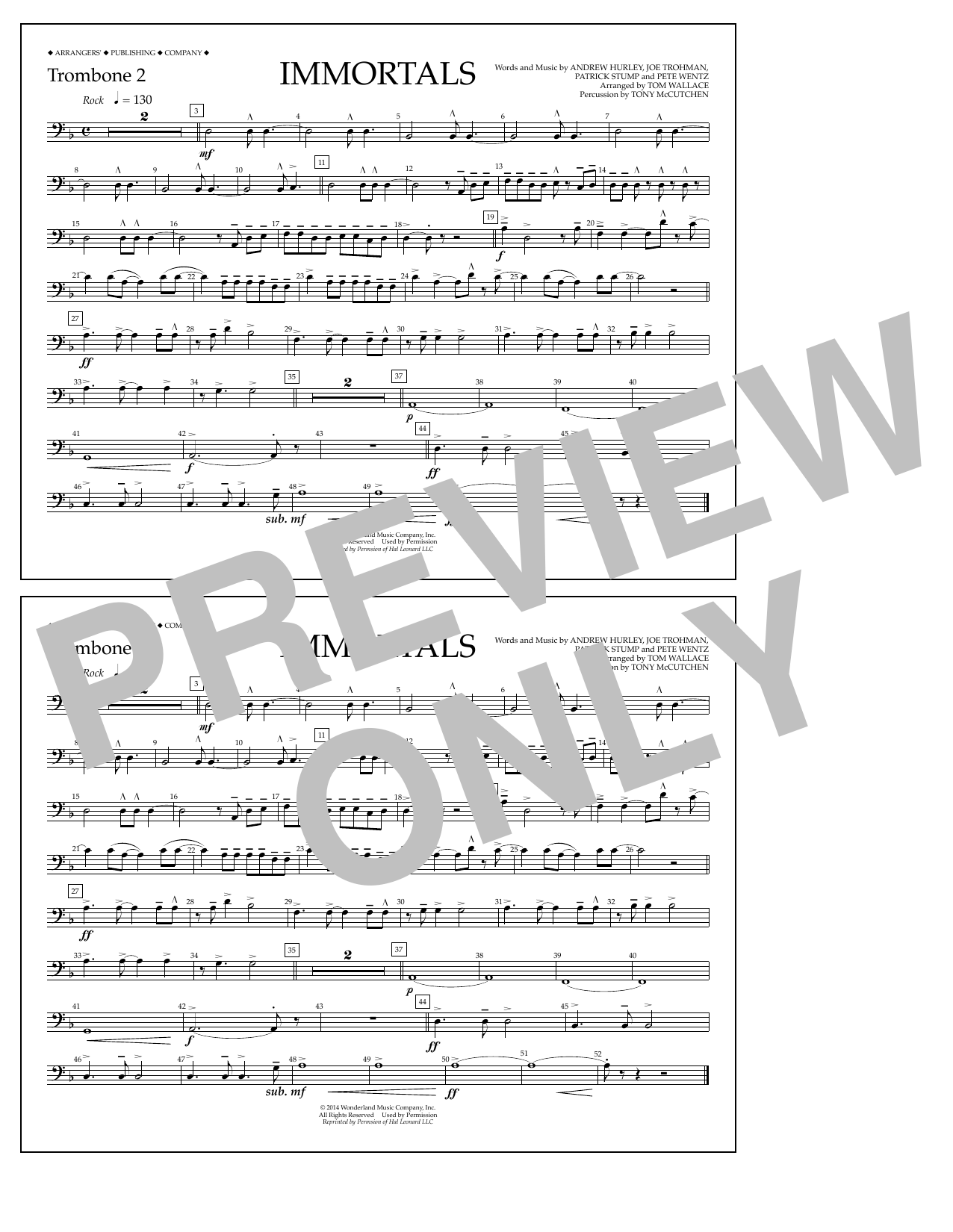 Fall Out Boy Immortals (from Big Hero 6) (arr. Tom Wallace) - Trombone 2 Sheet Music Notes & Chords for Marching Band - Download or Print PDF