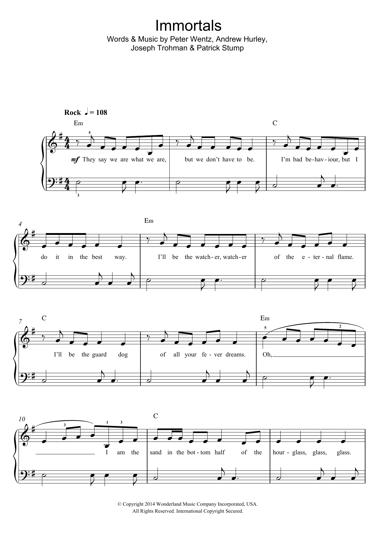 Fall Out Boy Immortals (from Big Hero 6) Sheet Music Notes & Chords for Big Note Piano - Download or Print PDF