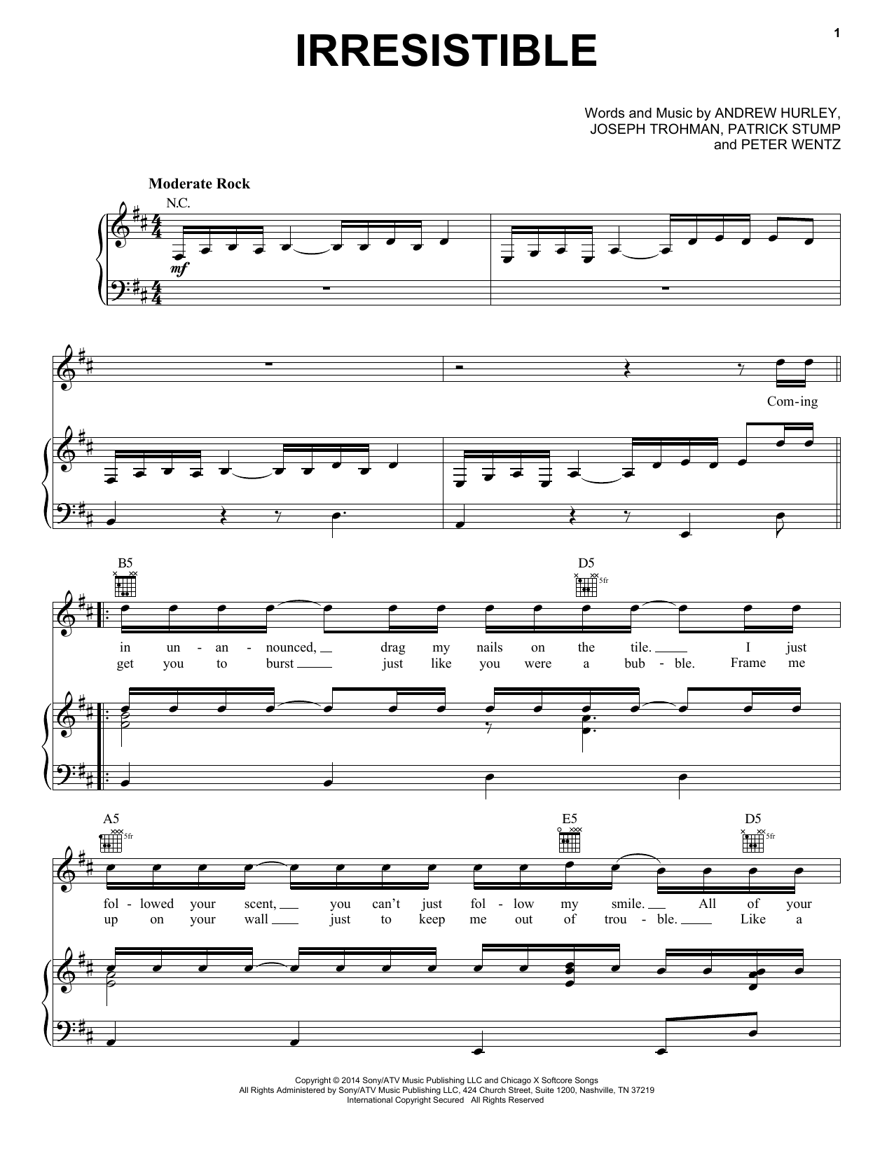 Fall Out Boy Irresistible Sheet Music Notes & Chords for Piano, Vocal & Guitar (Right-Hand Melody) - Download or Print PDF