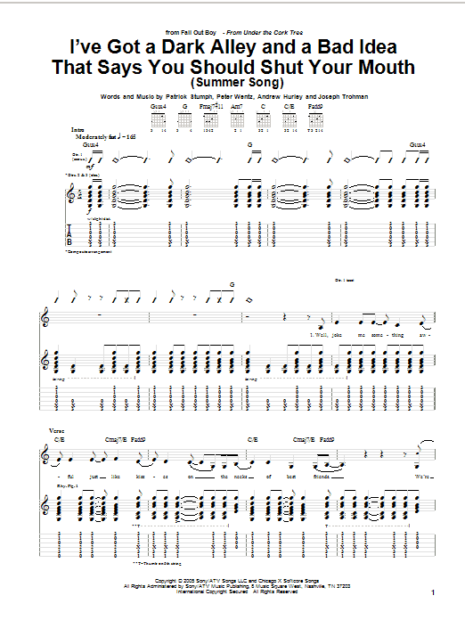 Fall Out Boy I've Got A Dark Alley And A Bad Idea That Says You Should Shut Your Mouth (Summer Song) Sheet Music Notes & Chords for Guitar Tab - Download or Print PDF