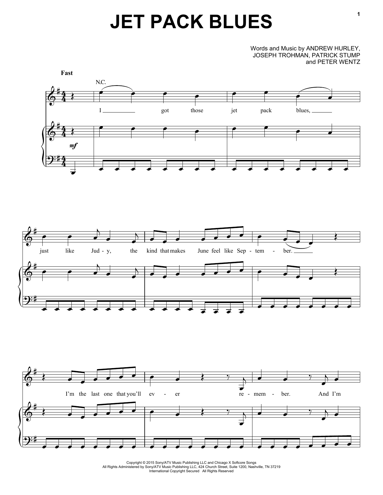 Fall Out Boy Jet Pack Blues Sheet Music Notes & Chords for Piano, Vocal & Guitar (Right-Hand Melody) - Download or Print PDF