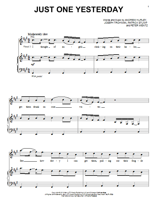 Fall Out Boy Just One Yesterday Sheet Music Notes & Chords for Piano, Vocal & Guitar (Right-Hand Melody) - Download or Print PDF