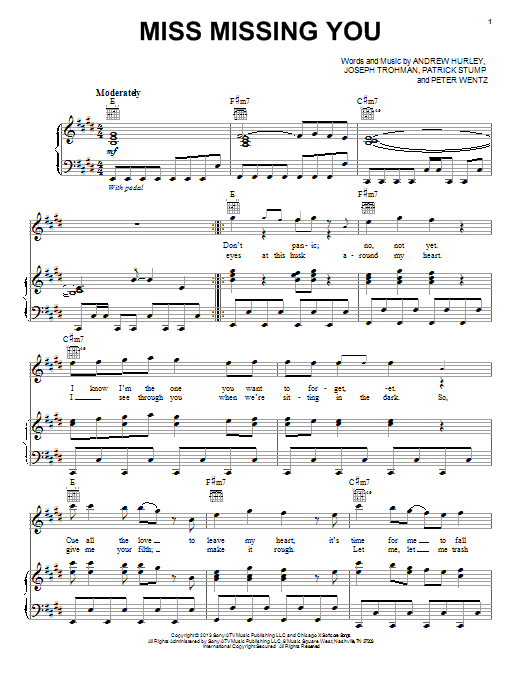 Fall Out Boy Miss Missing You Sheet Music Notes & Chords for Piano, Vocal & Guitar (Right-Hand Melody) - Download or Print PDF