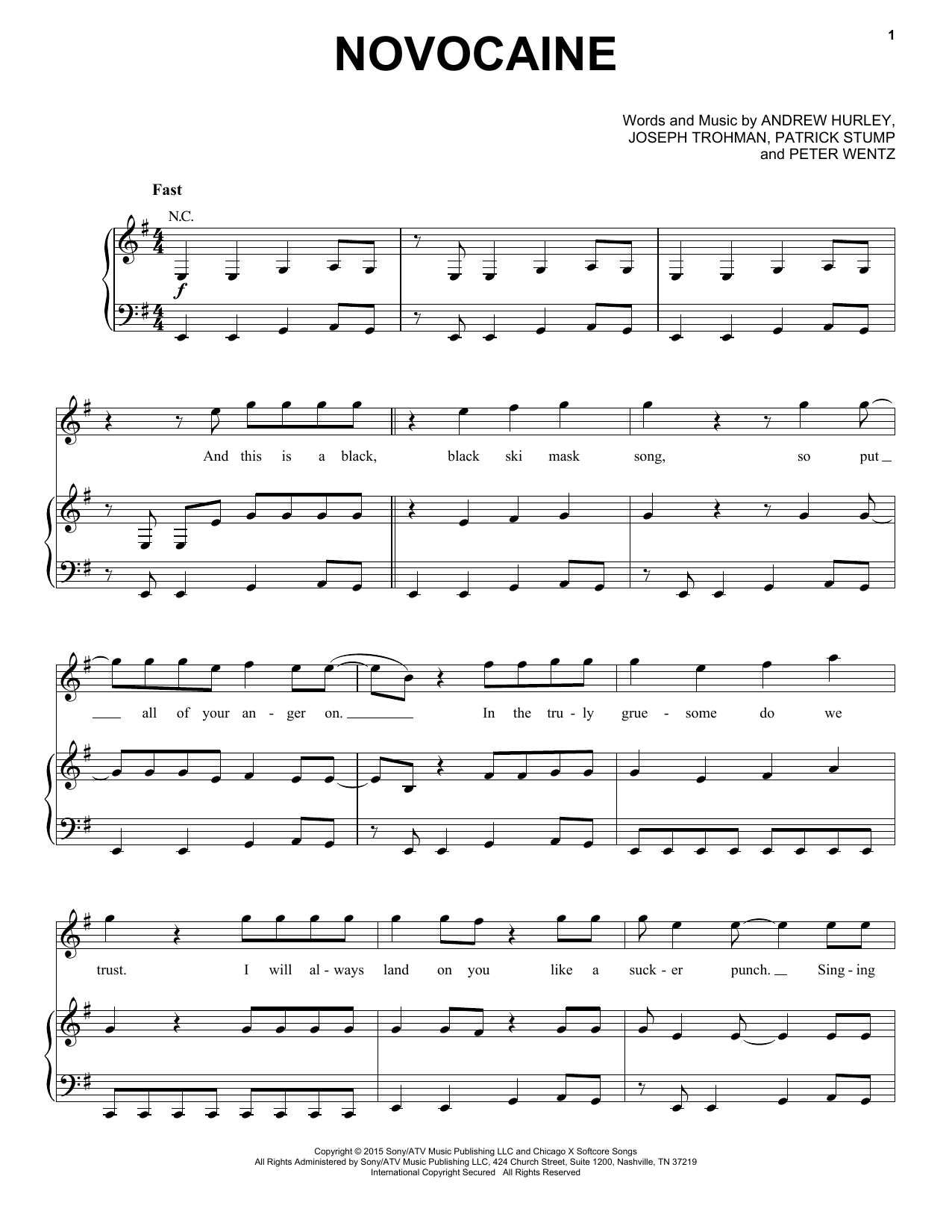 Fall Out Boy Novocaine Sheet Music Notes & Chords for Piano, Vocal & Guitar (Right-Hand Melody) - Download or Print PDF