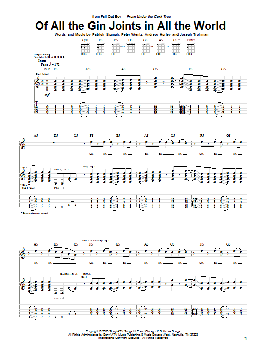 Fall Out Boy Of All The Gin Joints In All The World Sheet Music Notes & Chords for Guitar Tab - Download or Print PDF