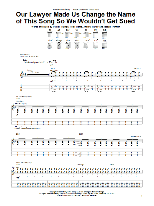 Fall Out Boy Our Lawyer Made Us Change The Name Of This Song So We Wouldn't Get Sued Sheet Music Notes & Chords for Guitar Tab - Download or Print PDF