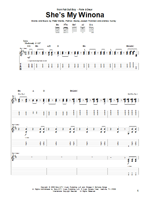 Fall Out Boy She's My Winona Sheet Music Notes & Chords for Guitar Tab - Download or Print PDF