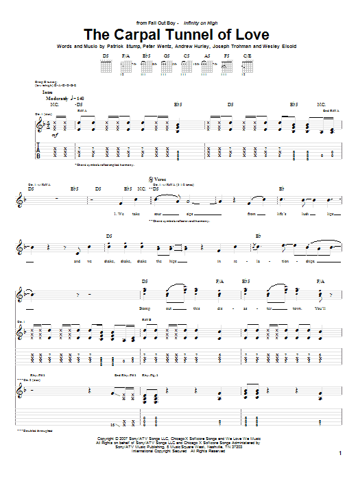 Fall Out Boy The Carpal Tunnel Of Love Sheet Music Notes & Chords for Guitar Tab - Download or Print PDF