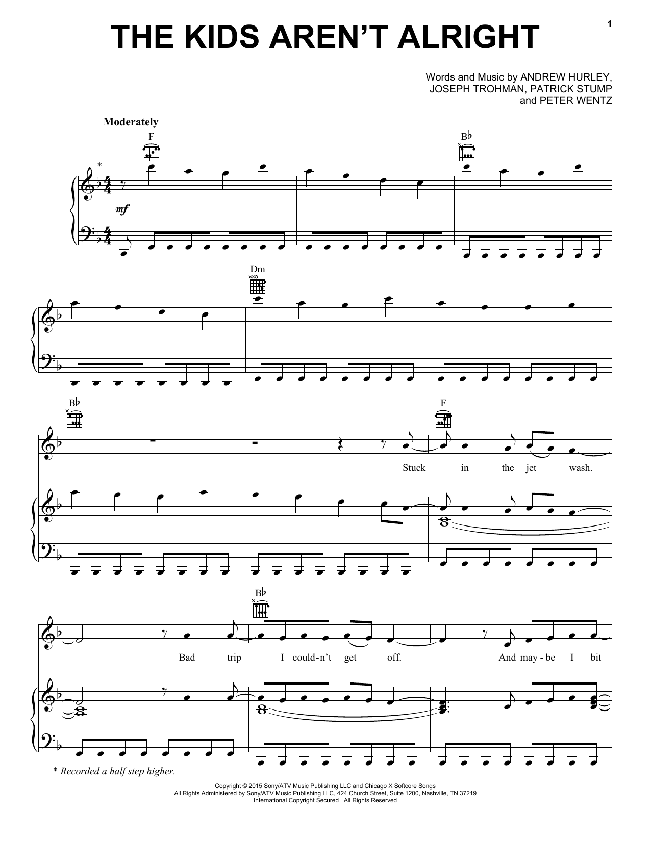 Fall Out Boy The Kids Aren't Alright Sheet Music Notes & Chords for Piano, Vocal & Guitar (Right-Hand Melody) - Download or Print PDF