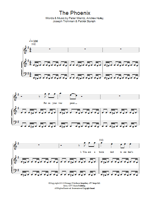 Fall Out Boy The Phoenix Sheet Music Notes & Chords for Piano, Vocal & Guitar (Right-Hand Melody) - Download or Print PDF