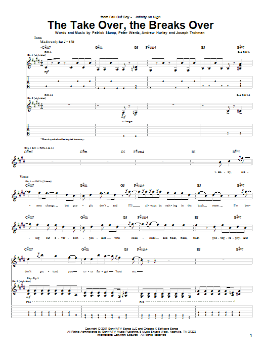 Fall Out Boy The Take Over, The Breaks Over Sheet Music Notes & Chords for Guitar Tab - Download or Print PDF