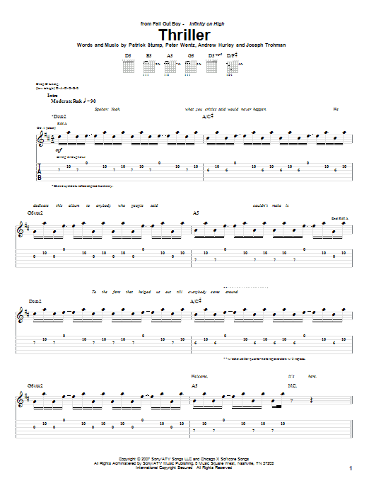 Fall Out Boy Thriller Sheet Music Notes & Chords for Guitar Tab - Download or Print PDF