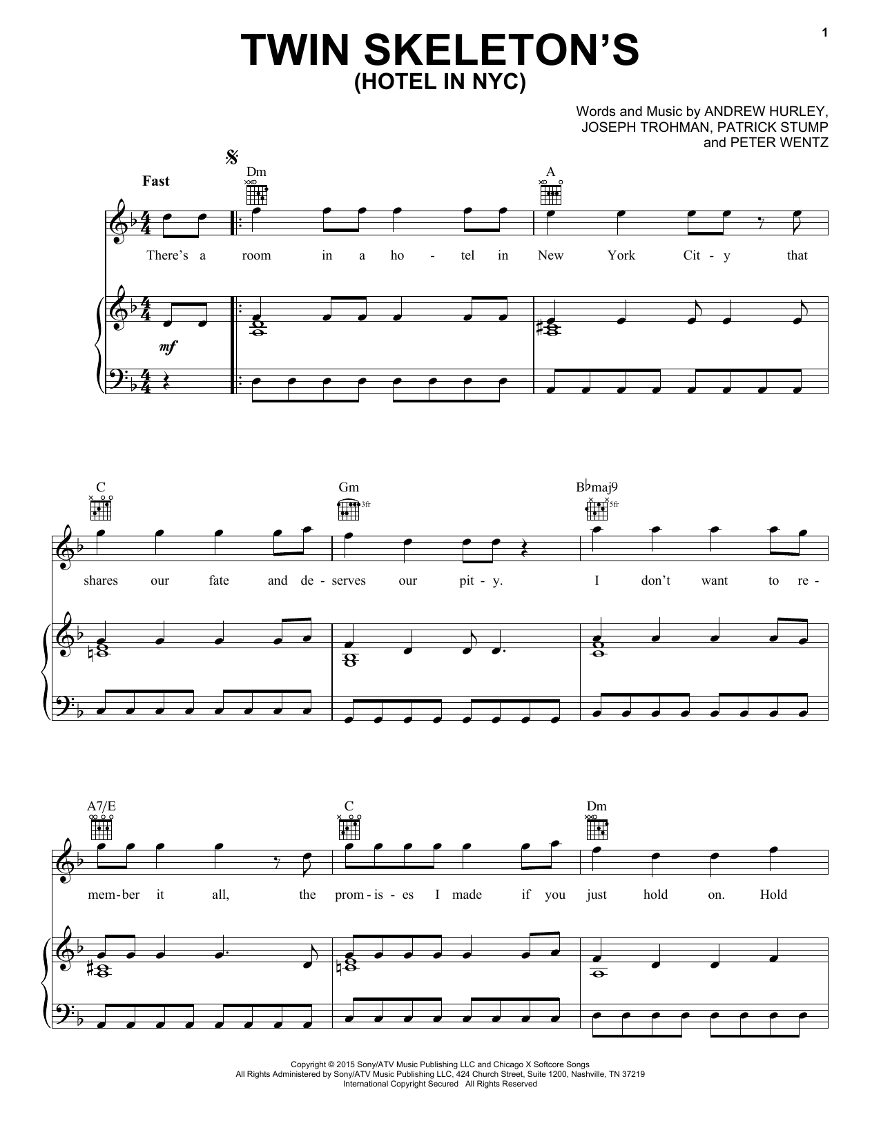 Fall Out Boy Twin Skeleton's (Hotel In NYC) Sheet Music Notes & Chords for Piano, Vocal & Guitar (Right-Hand Melody) - Download or Print PDF