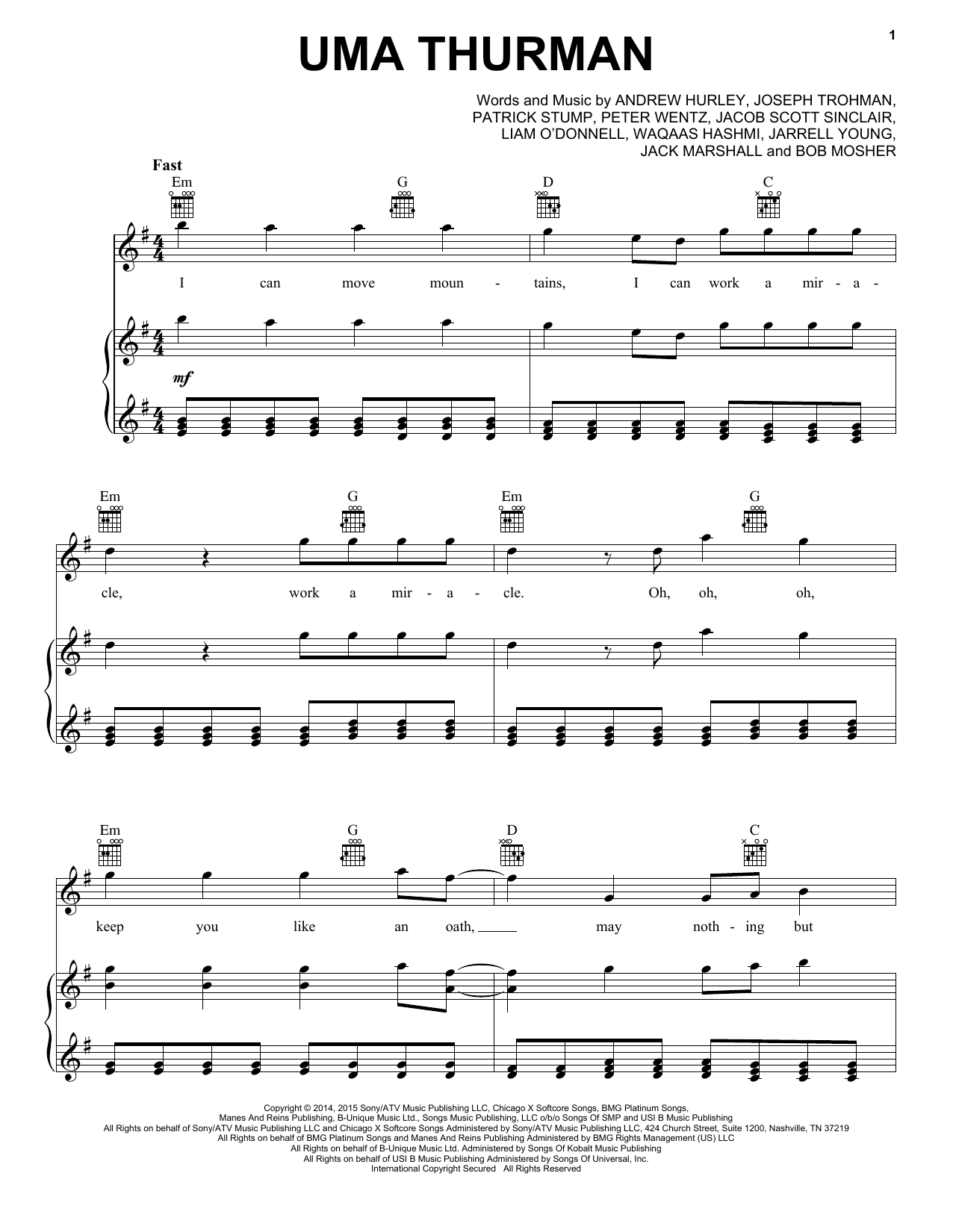 Fall Out Boy Uma Thurman Sheet Music Notes & Chords for Easy Piano - Download or Print PDF