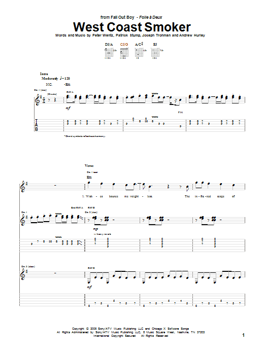 Fall Out Boy West Coast Smoker Sheet Music Notes & Chords for Guitar Tab - Download or Print PDF