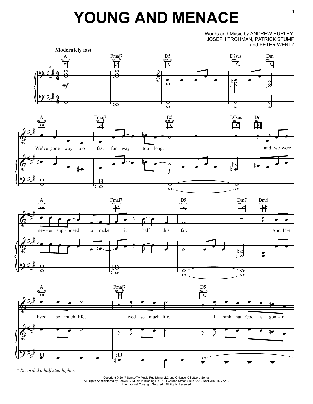 Fall Out Boy Young And Menace Sheet Music Notes & Chords for Piano, Vocal & Guitar (Right-Hand Melody) - Download or Print PDF