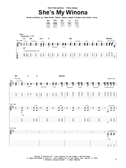 Preview Fall Out Boy She's My Winona Rock sheet music, notes and chords for Guitar Tab, SKU: 70488 She's My Winona sheet music