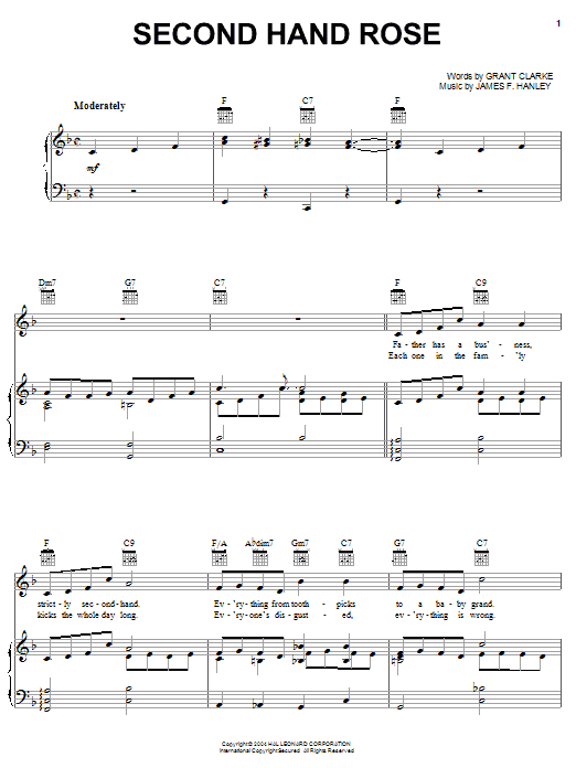 Fannie Brice Second Hand Rose Sheet Music Notes & Chords for Piano, Vocal & Guitar (Right-Hand Melody) - Download or Print PDF