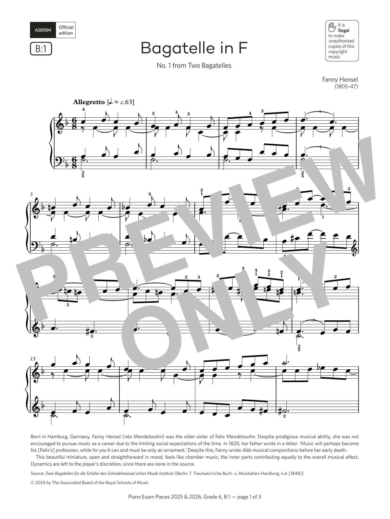 Fanny Hensel Bagatelle in F (Grade 6, list B1, from the ABRSM Piano Syllabus 2025 & 2026) Sheet Music Notes & Chords for Piano Solo - Download or Print PDF