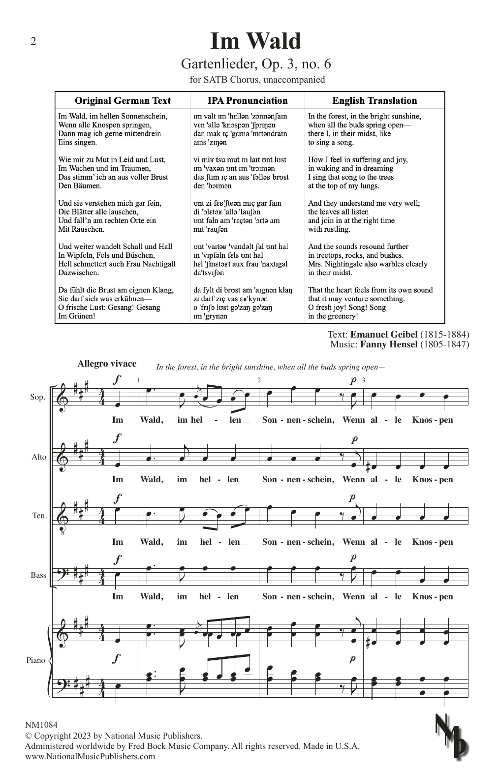 Fanny Hensel Im Wald (Gartenlieder, Op. 3, no. 6) Sheet Music Notes & Chords for SATB Choir - Download or Print PDF