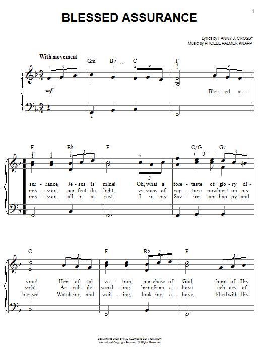 Fanny J. Crosby Blessed Assurance Sheet Music Notes & Chords for Easy Piano - Download or Print PDF
