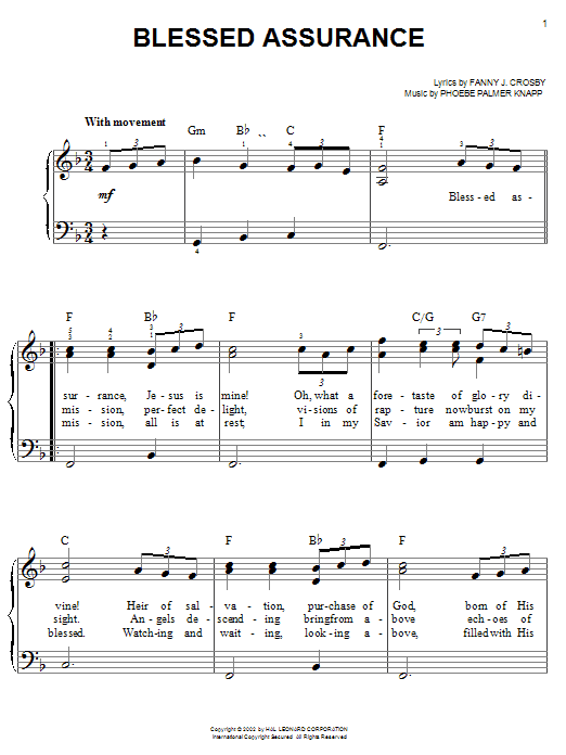 Phoebe P. Knapp Blessed Assurance sheet music notes and chords. Download Printable PDF.