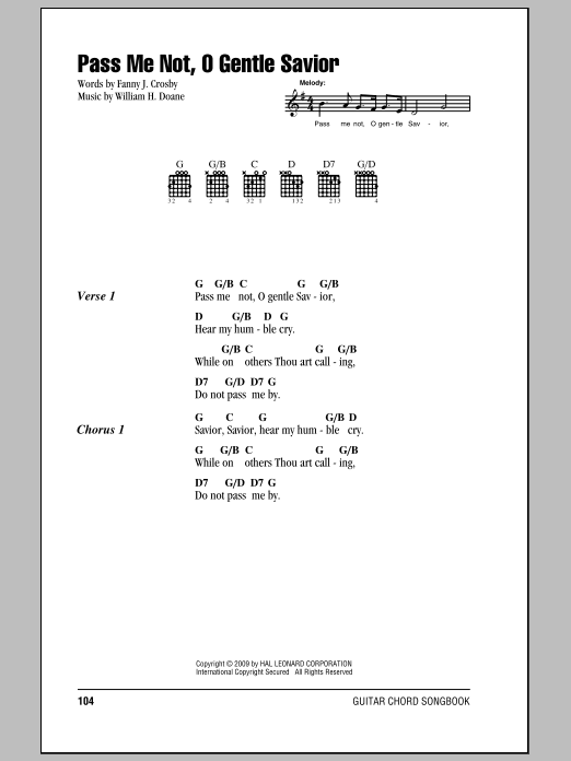 Fanny J. Crosby Pass Me Not, O Gentle Savior Sheet Music Notes & Chords for Piano, Vocal & Guitar Chords (Right-Hand Melody) - Download or Print PDF