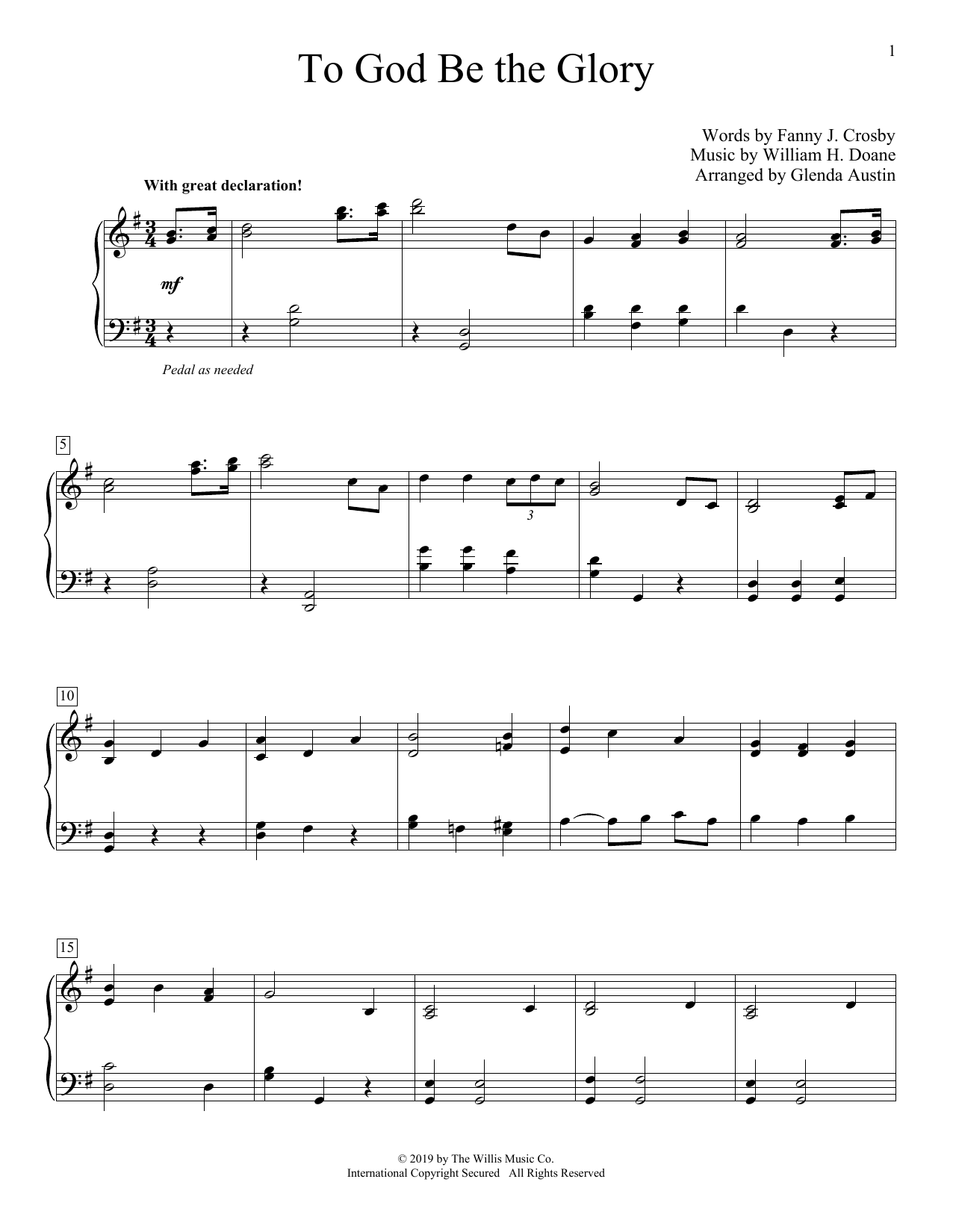 Fanny J. Crosby To God Be The Glory (arr. Glenda Austin) Sheet Music Notes & Chords for Educational Piano - Download or Print PDF
