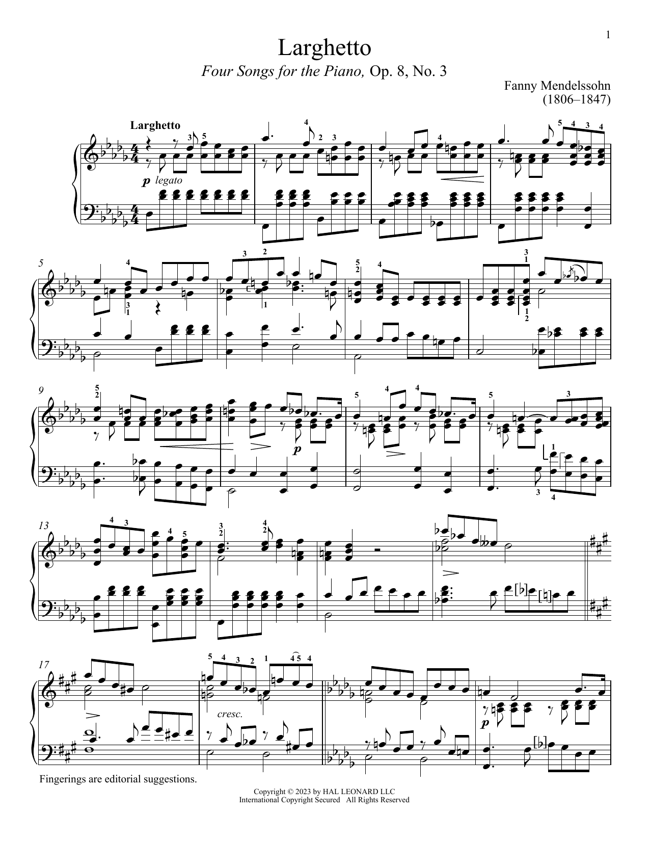 Fanny Mendelssohn Larghetto Sheet Music Notes & Chords for Piano Solo - Download or Print PDF