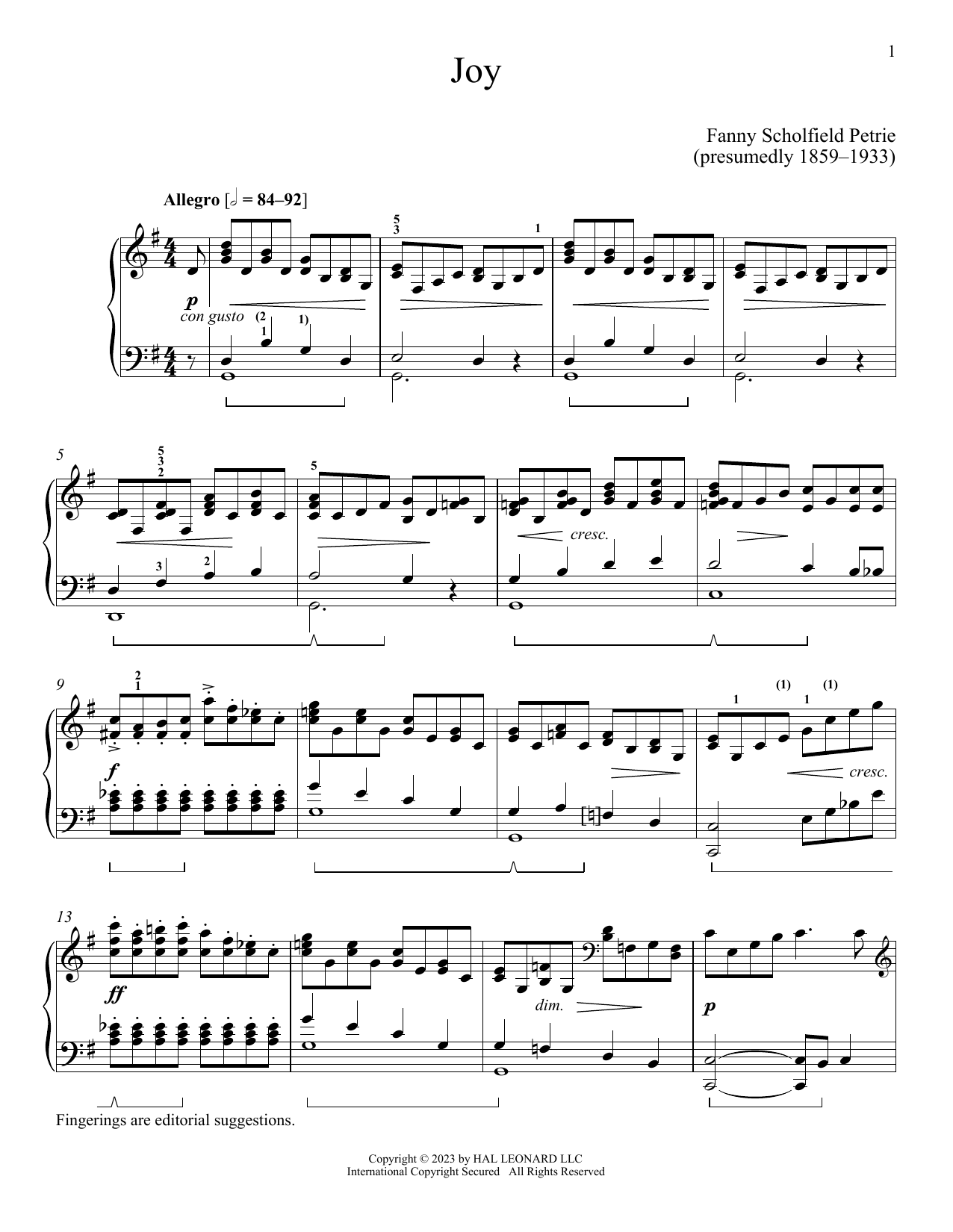 Fanny Schofield Petrie Joy Sheet Music Notes & Chords for Piano Solo - Download or Print PDF
