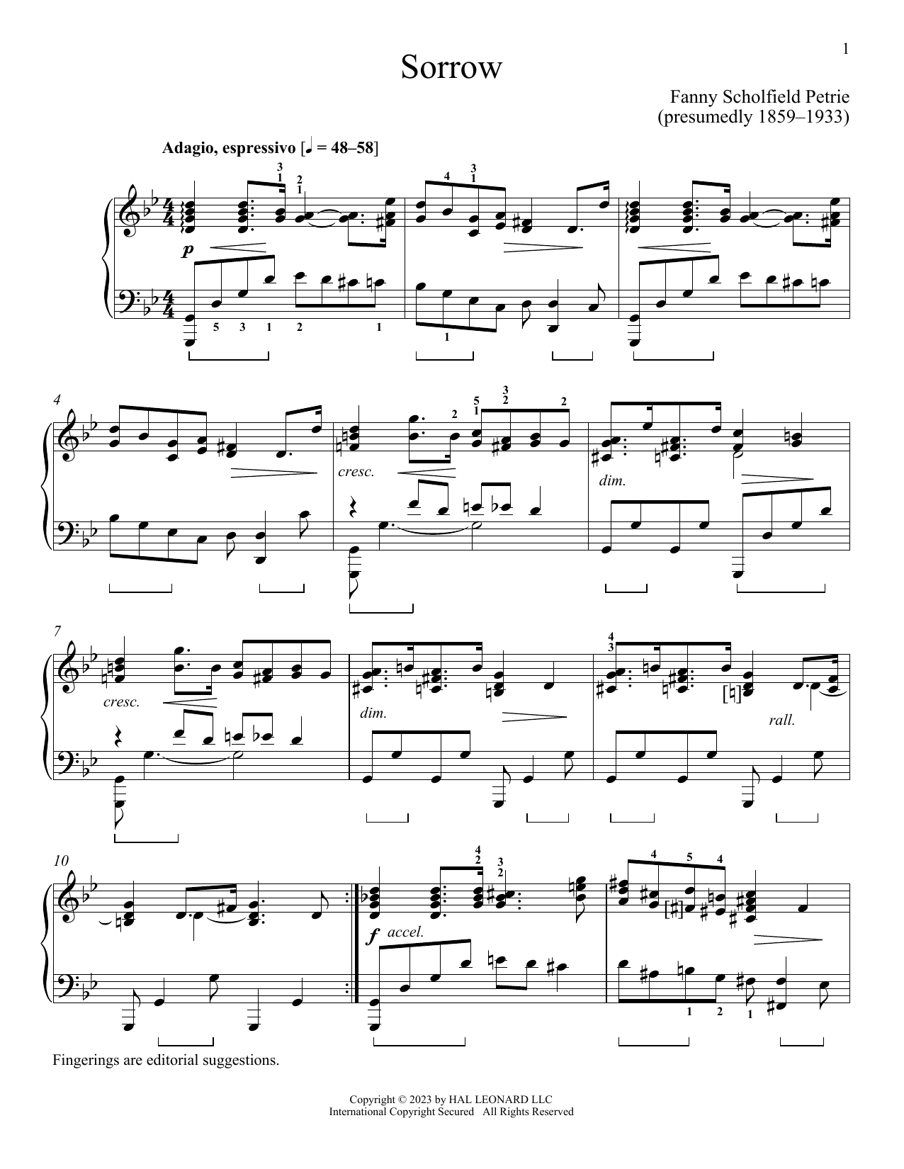 Fanny Schofield Petrie Sorrow Sheet Music Notes & Chords for Piano Solo - Download or Print PDF