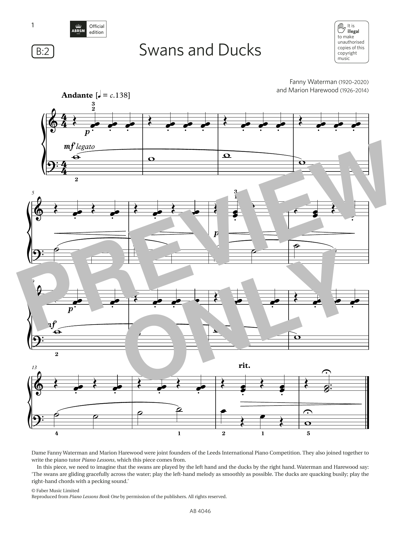 Fanny Waterman & Marion Harewood Swans and Ducks (Grade Initial, list B2, from the ABRSM Piano Syllabus 2023 & 2024) Sheet Music Notes & Chords for Piano Solo - Download or Print PDF