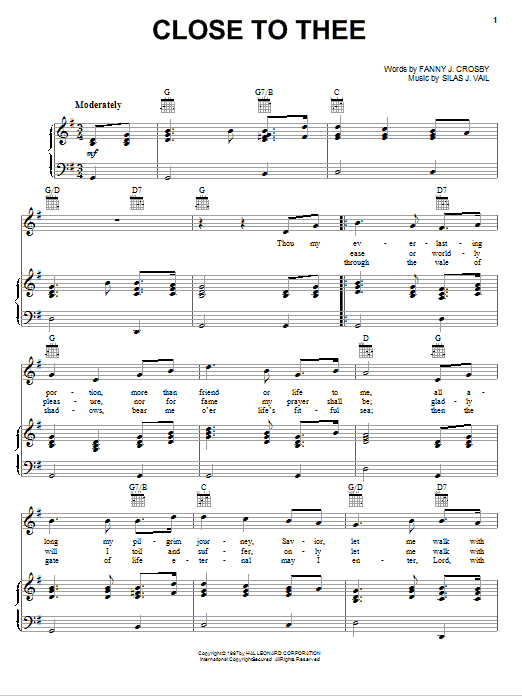 Preview Fanny J. Crosby Close To Thee Hymn sheet music, notes and chords for Piano, Vocal & Guitar (Right-Hand Melody), SKU: 75071 Close To Thee sheet music