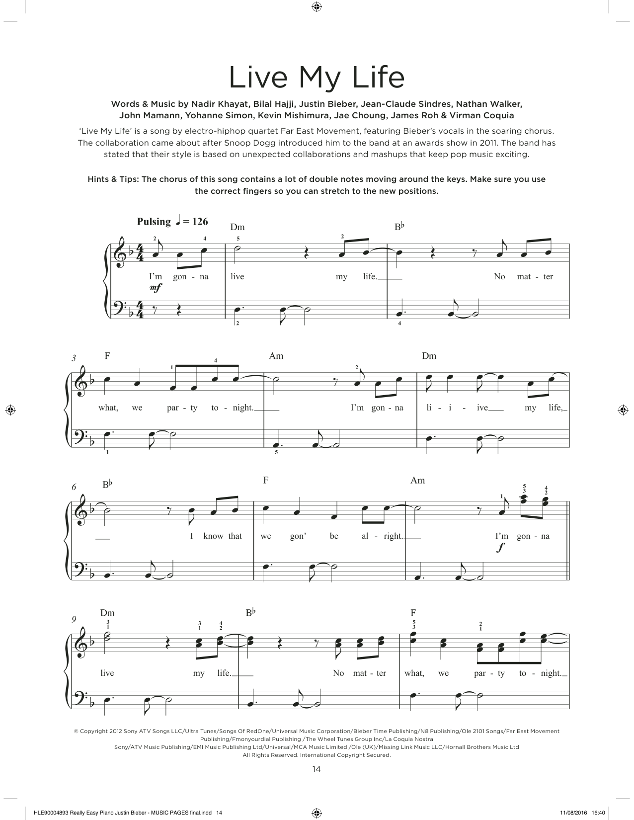 Far East Movement & Justin Bieber Live My Life Sheet Music Notes & Chords for Really Easy Piano - Download or Print PDF