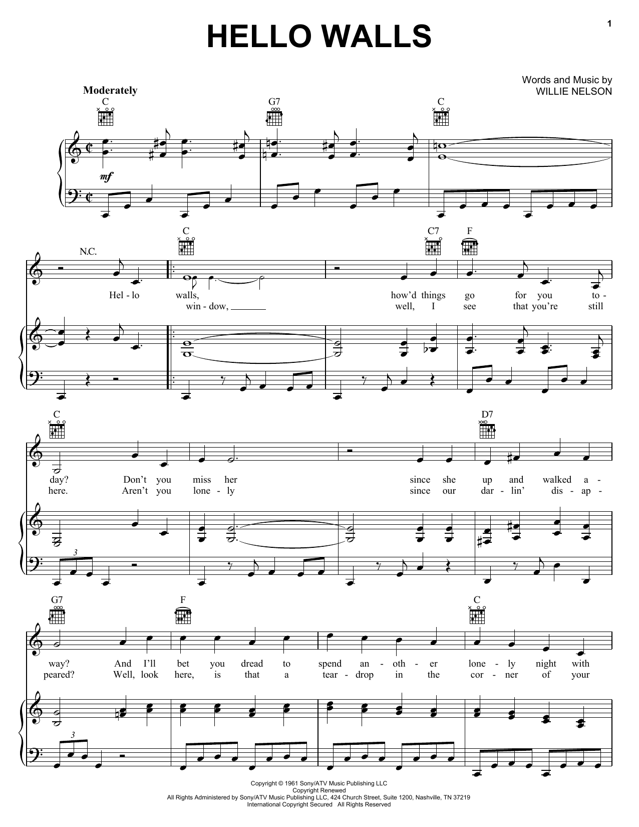 Faron Young Hello Walls Sheet Music Notes & Chords for Lyrics & Piano Chords - Download or Print PDF