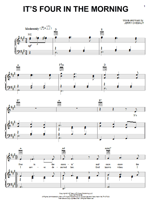Faron Young It's Four In The Morning Sheet Music Notes & Chords for Piano, Vocal & Guitar - Download or Print PDF